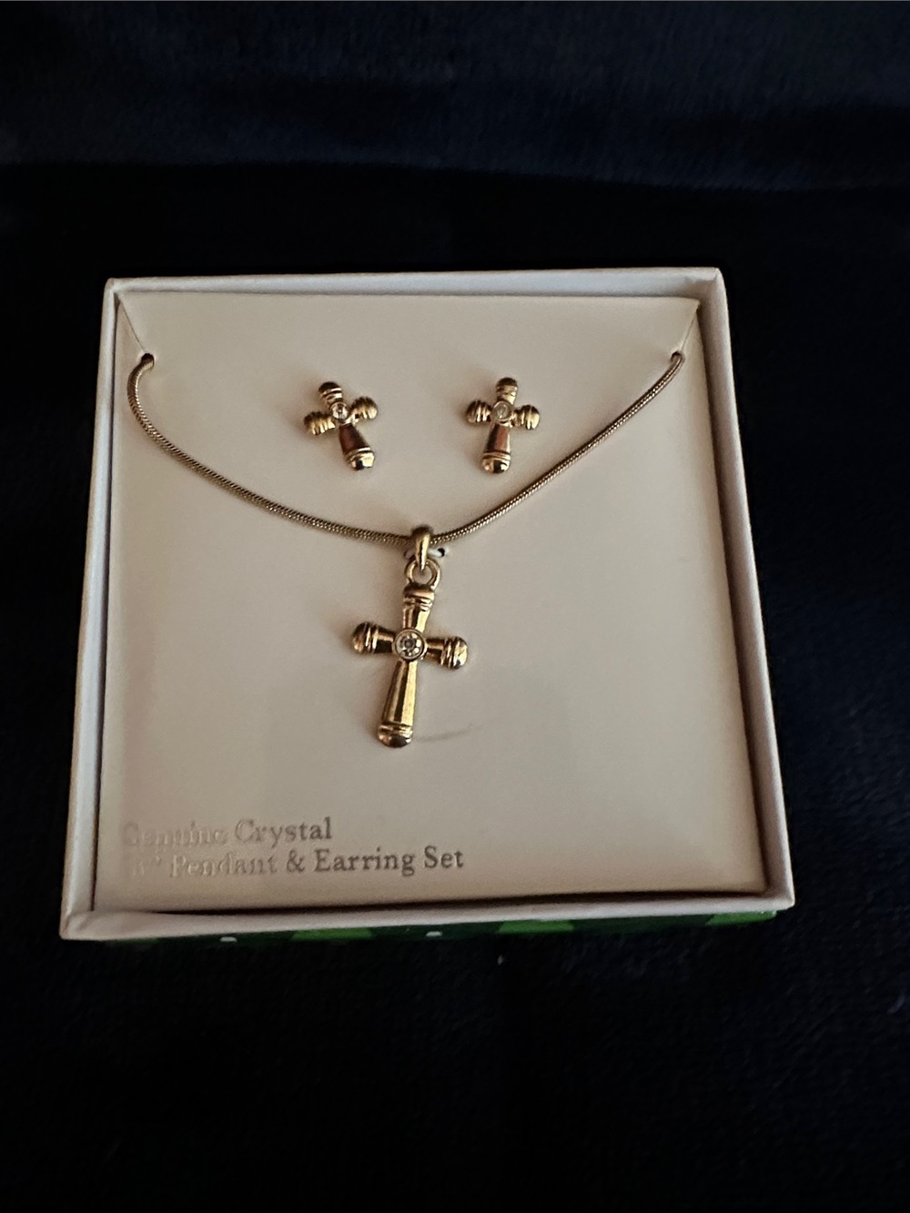 Gold Cross Pendant Necklace and Stud Earrings Set With Genuine Crystal 18”